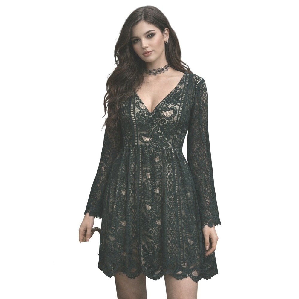 Green Babydoll Floral Lace Long Sleeve Mini Dress Medium Fairy Grunge Mystical